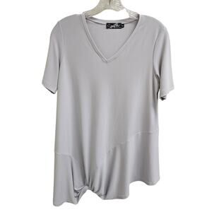 Sympli Asymmetrical Light Gray Tunic Short Sleeves V-Neck Twist Detail Size 8